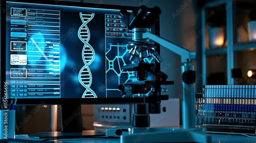 Aufkleber a modern lab workstation displaying dna analysis on a computer screen with lab equipment. concept of