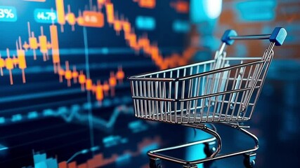 Retail shopping cart on a reflective surface with stock graphs symbolizing economic trends. Concept of purchasing power, consumerism, and market economy.