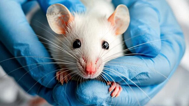 A close-up of a white lab mouse cradled in blue-gloved hands during a laboratory experiment. Concept of medical research, animal testing, and scientific study.