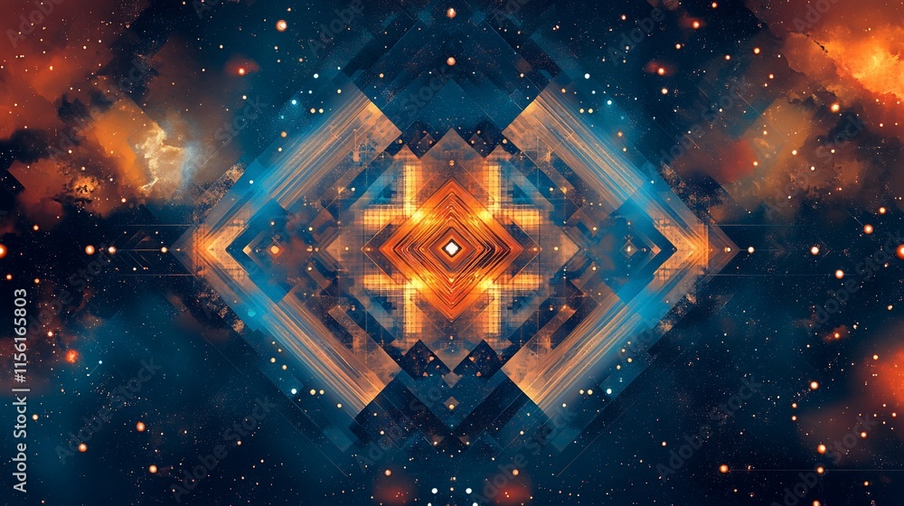 Poster abstract cosmic artwork with symmetrical geometric shapes and vibrant colors.