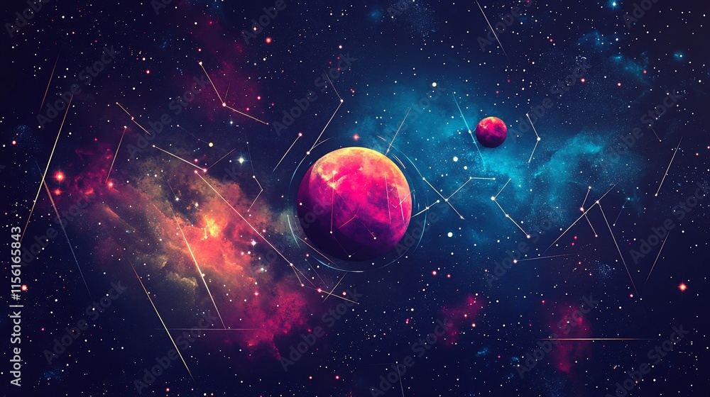 Poster vibrant nebula with two planets and constellations.