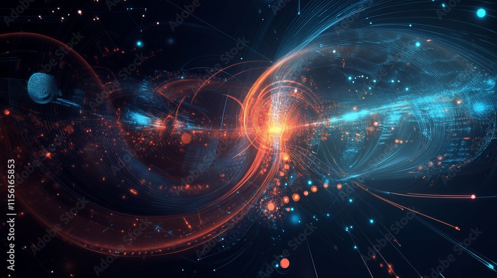 Poster Abstract swirling energy streams with glowing particles and map-like structures, depicting connection and flow.