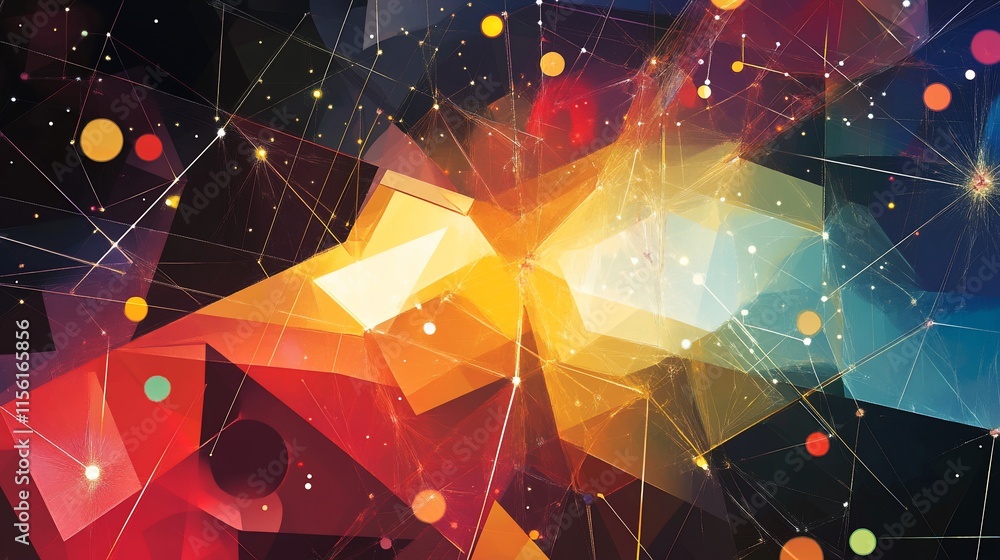 Poster abstract colorful geometric shapes and glowing lines forming a network.
