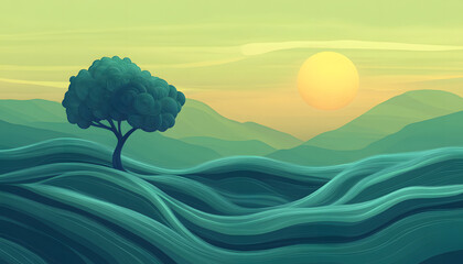 Serene Landscape with Solitary Tree and Rolling Hills