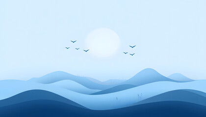 Serene Blue Mountainscape with Birds and Sun