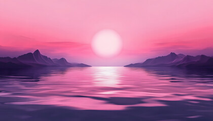 Pink Sunset Over Serene Purple Mountains and Calm Water