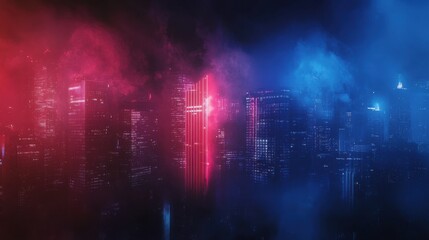 Fototapeta premium Neon Cityscape at Night: A vibrant digital art piece showcasing a futuristic city bathed in pink and blue neon lights.