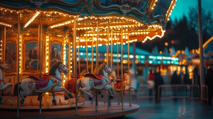 Carousel at an amusement park with horses and lights.