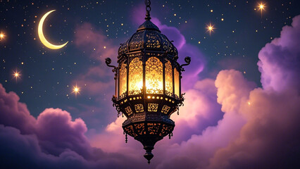 Obraz premium A large, ornate, hanging lantern, dark bronze in color, is suspended against a backdrop of a night sky filled with stars and a crescent moon.