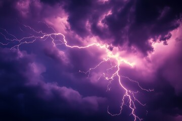 Purple lightning strikes through dark storm clouds at night.