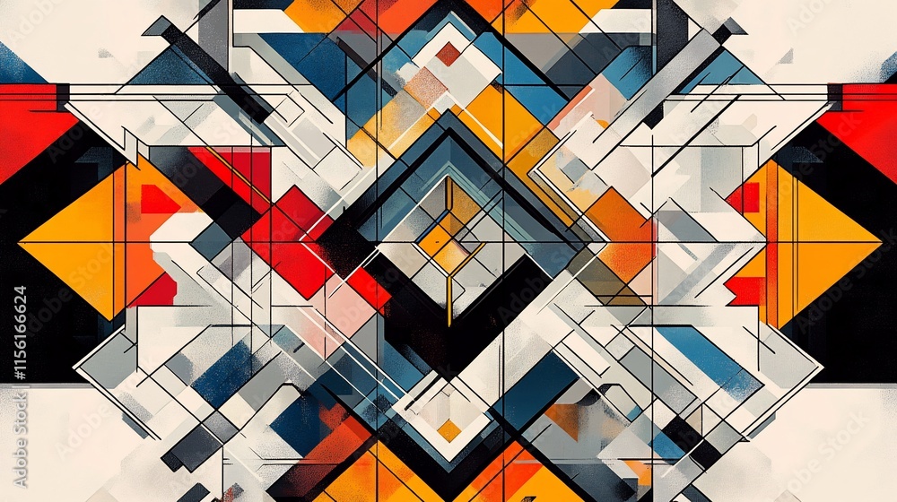 Poster Abstract geometric art with vibrant colors and sharp lines, creating a dynamic and symmetrical composition.