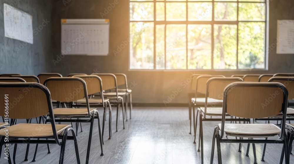 Poster modern classroom design with warm light and practical setup