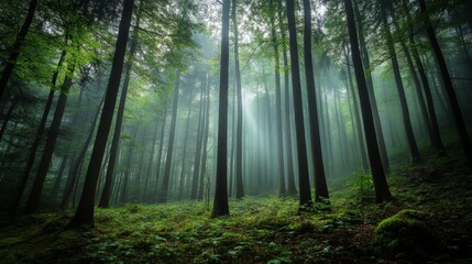 Naklejka premium Misty morning in a dense forest with sunlight peeking through the trees.