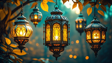 Obraz premium Three ornate hanging lanterns, with intricate designs and warm, golden light emanating from within, are suspended against a backdrop of a teal-toned, softly-lit forest.