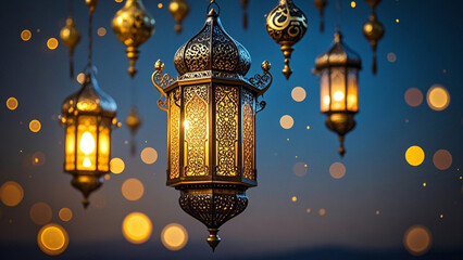 Obraz premium Three ornate, hanging lanterns, with intricate, patterned metalwork, are suspended against a dark-blue background.