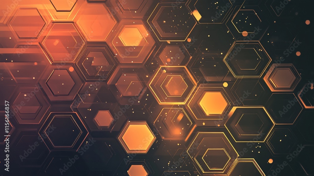 Poster Abstract background with glowing orange hexagons and particles.
