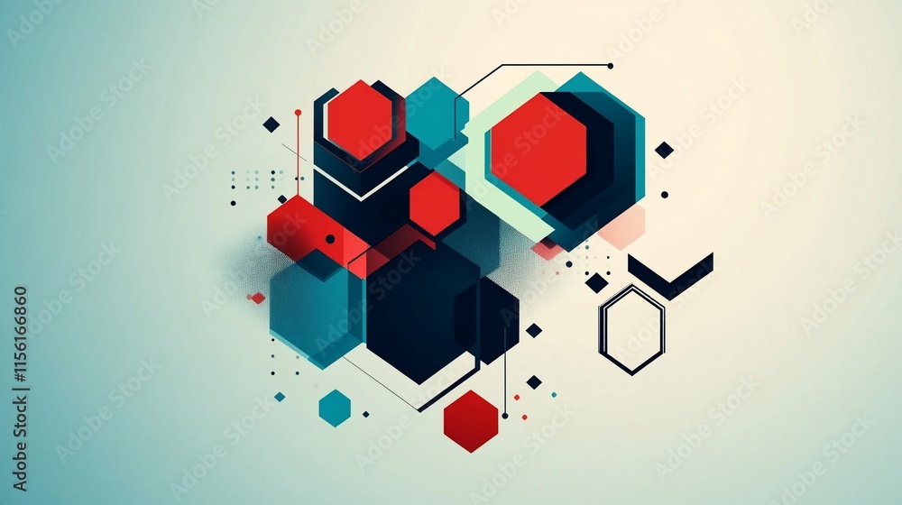 Poster abstract geometric hexagon design with red, blue, and black shapes on a light background.