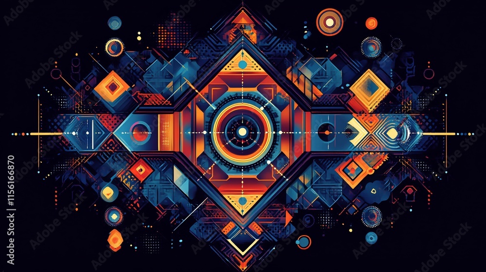 Poster abstract geometric design with vibrant colors and intricate patterns.