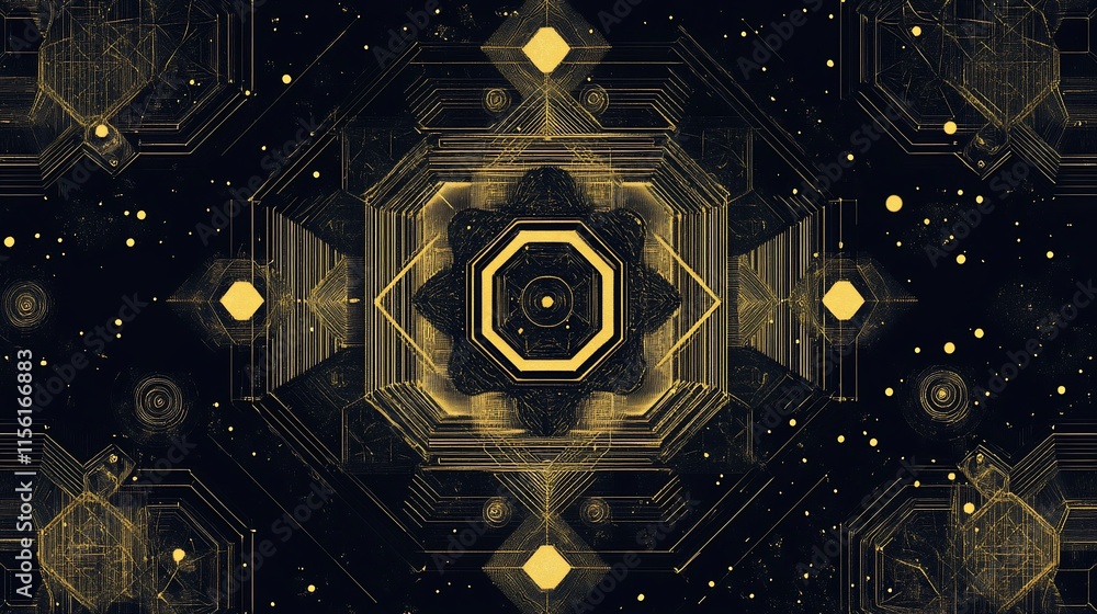 Poster abstract gold geometric pattern on dark background.