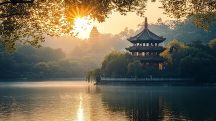Fototapeta premium A peaceful sunrise over a tranquil lake with a traditional Chinese pagoda in the distance