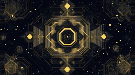 Abstract gold geometric pattern on dark background.