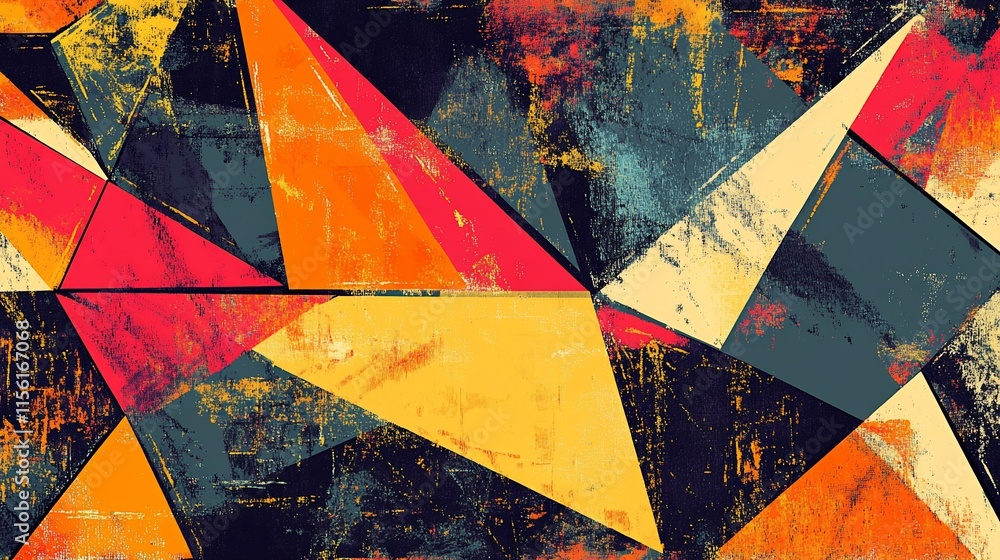 Aufkleber abstract geometric art with textured triangles in warm and cool tones.