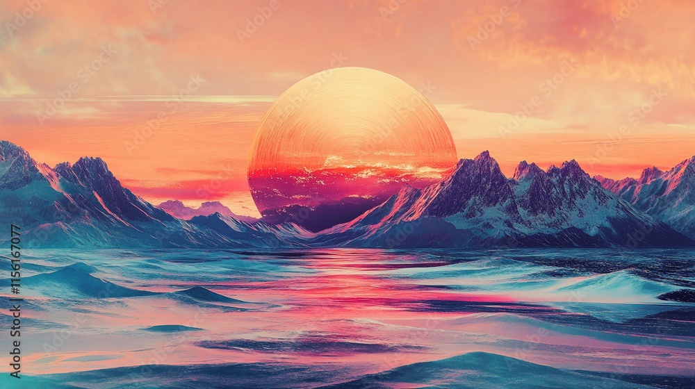 Poster surreal landscape with a large orange sphere setting behind snow-capped mountains and a calm body of