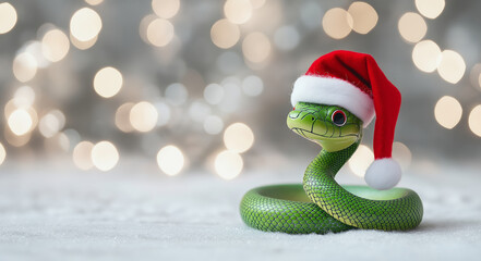 Fototapeta premium A coiled green snake wearing a red Santa hat sitting on snow with a blurred festive bokeh background, creating a whimsical holiday scene