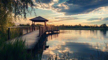 Tranquil wooden pier over calm lake water with a gazebo, weeping willow, and sunset in the...