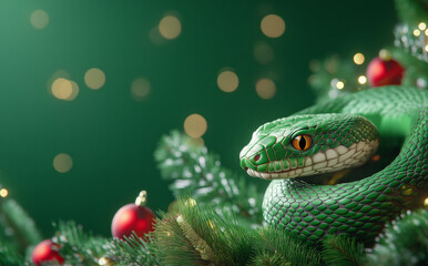 Fototapeta premium A green snake with vivid orange eyes resting among Christmas tree branches, surrounded by festive red ornaments and warm glowing lights on a deep green background
