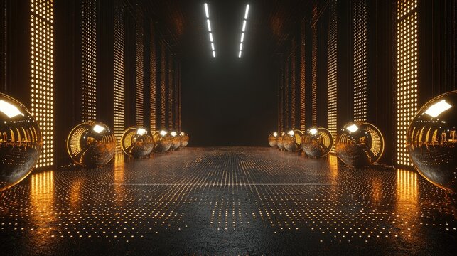 Dark corridor with golden spheres and lights.