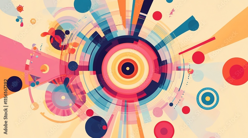 Fototapete Abstract colorful concentric circles design with geometric shapes and radiating lines.