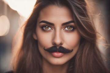 A woman with a fake mustache gazes intensely, bathed in golden hour light against a blurred urban backdrop, embodying the absurd vanity and superficiality of modern city life