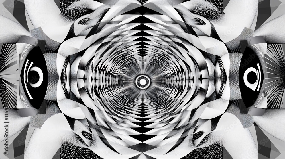 Poster abstract black and white tunnel with geometric patterns and repeating design elements.