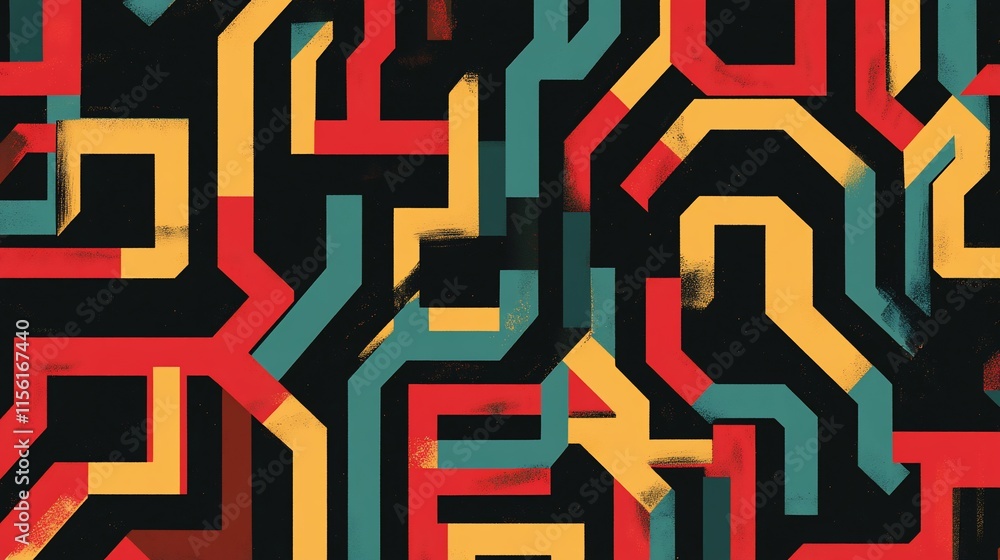 Poster abstract geometric pattern with red, yellow, and blue lines on a dark background.