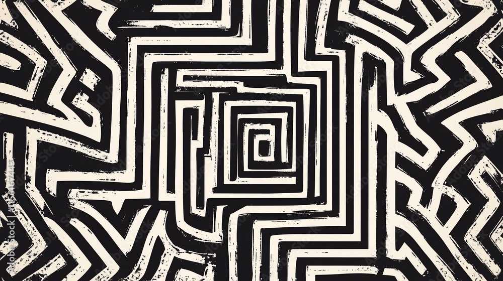 Poster abstract black and white maze pattern with a central vanishing point, creating a sense of depth and 