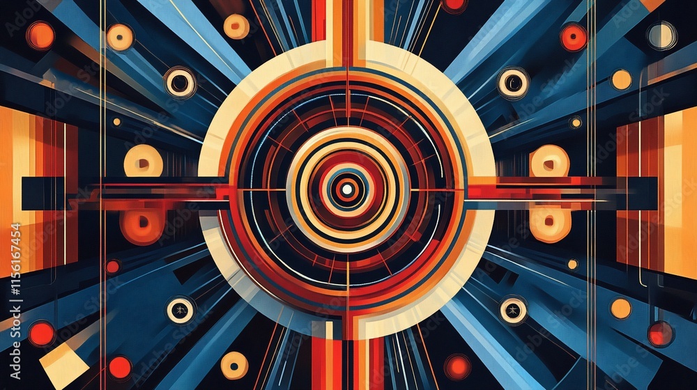 Aufkleber Abstract geometric design with concentric circles, vibrant colors, and dynamic lines creating a futuristic, technological feel.