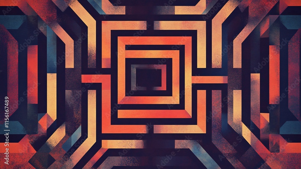 Poster abstract geometric maze pattern with warm and cool color tones.
