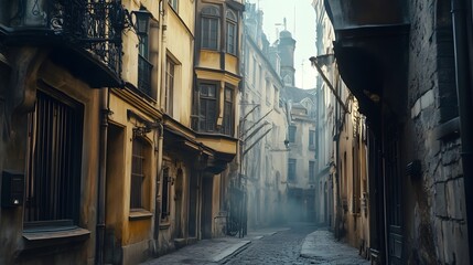 Fototapeta premium Misty cobblestone street in old European city.