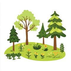 Obraz premium Vibrant Illustration of Playful Forest Scene with Various Trees, Colorful Flowers, and Lush Greenery Ideal for Children's Materials or Nature Themes
