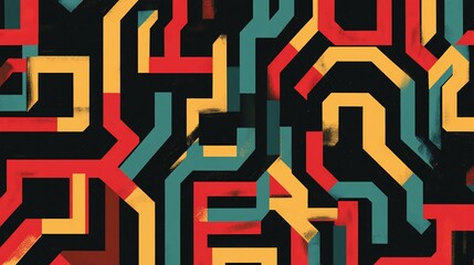 Abstract geometric pattern with red, yellow, and blue lines on a dark background.