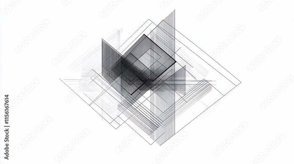 Poster abstract grayscale geometric shapes overlapping, creating depth and dimension.