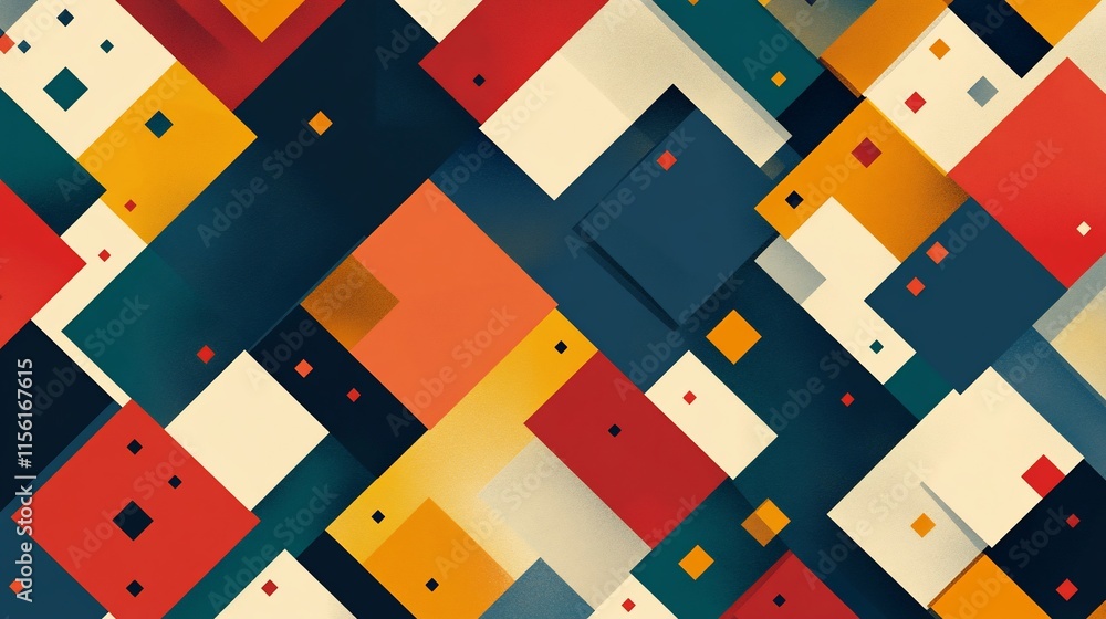 Poster Abstract geometric pattern with overlapping squares in various colors and sizes.