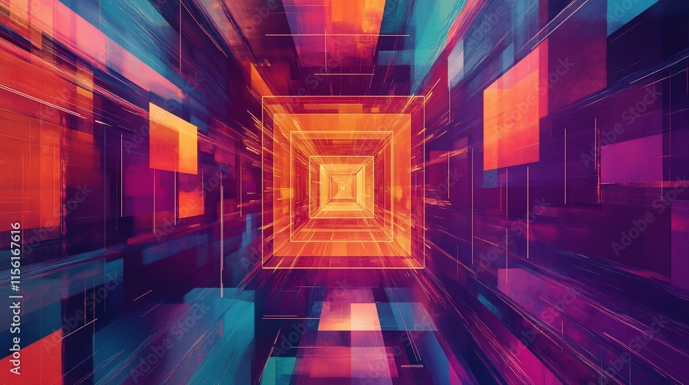 Aufkleber Abstract vibrant geometric tunnel with colorful shapes and lines creating a dynamic perspective.
