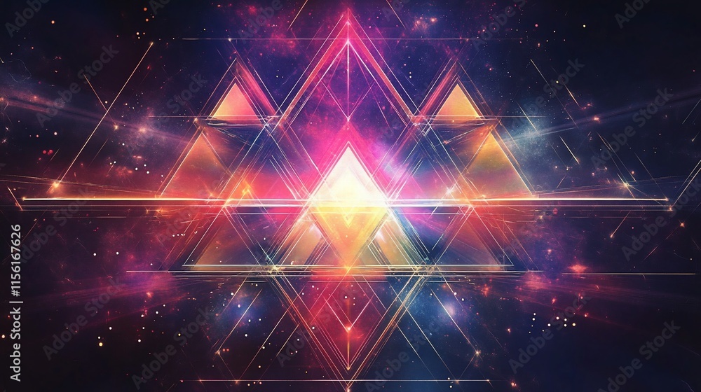 Poster abstract cosmic artwork featuring glowing triangles and nebula.