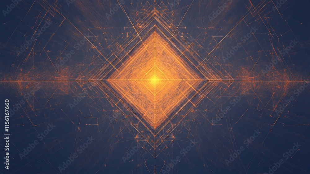 Poster abstract orange glowing diamond shape with lines and particles on dark background.