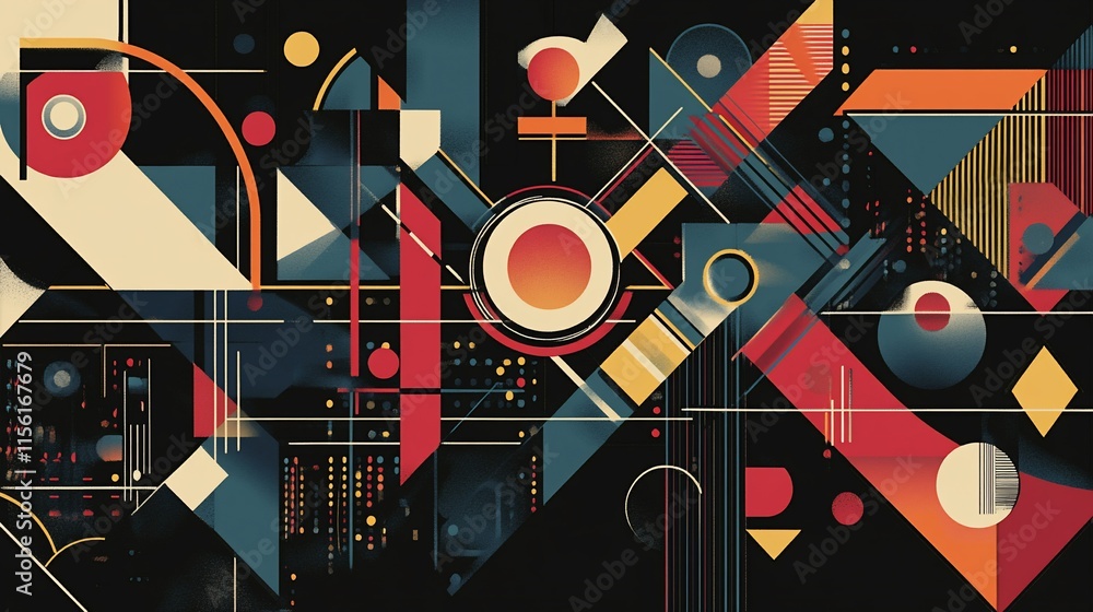 Poster abstract geometric composition with vibrant colors and shapes on a dark background.