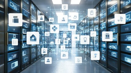 Data center server room with digital icons.
