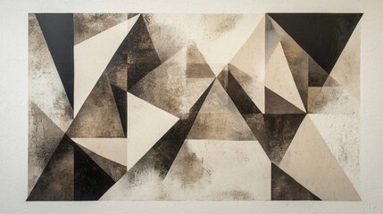 Abstract geometric monochrome painting with textured triangles and shading.