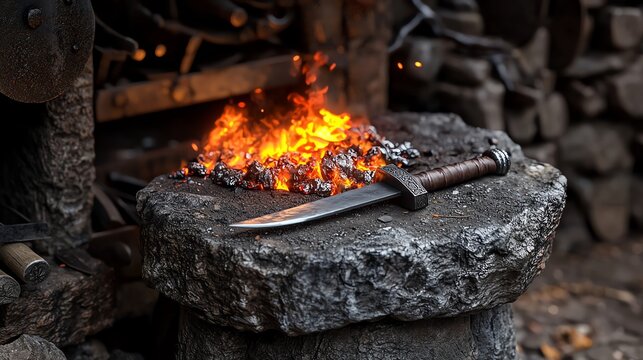 Ancient stone blacksmith's forge nestled in medieval village